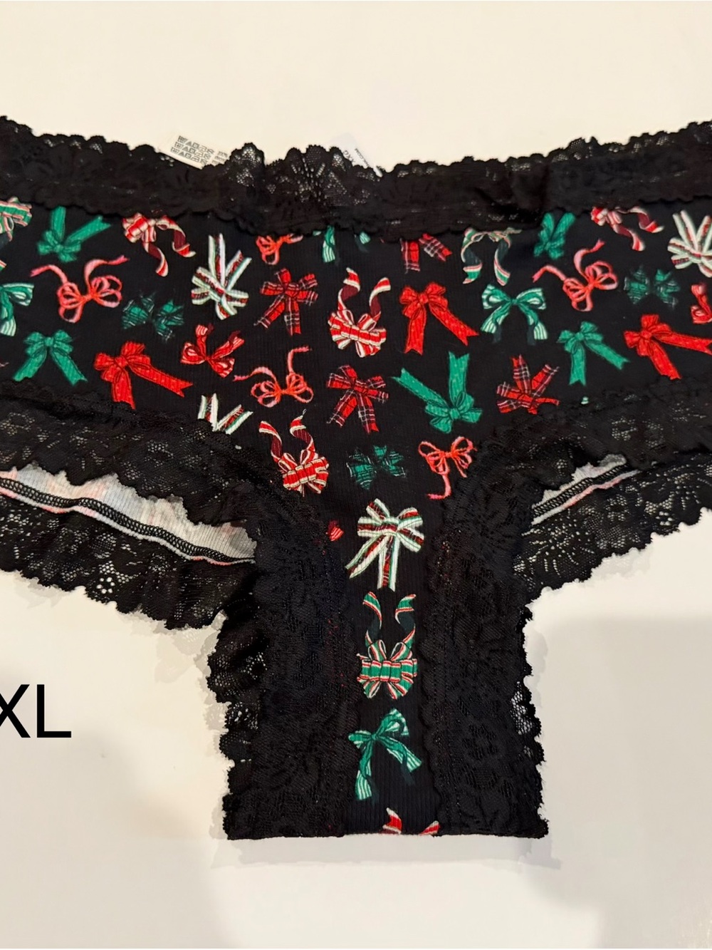 PINK Victoria's Secret Black Hipster Panty with Red & Green Bow Print